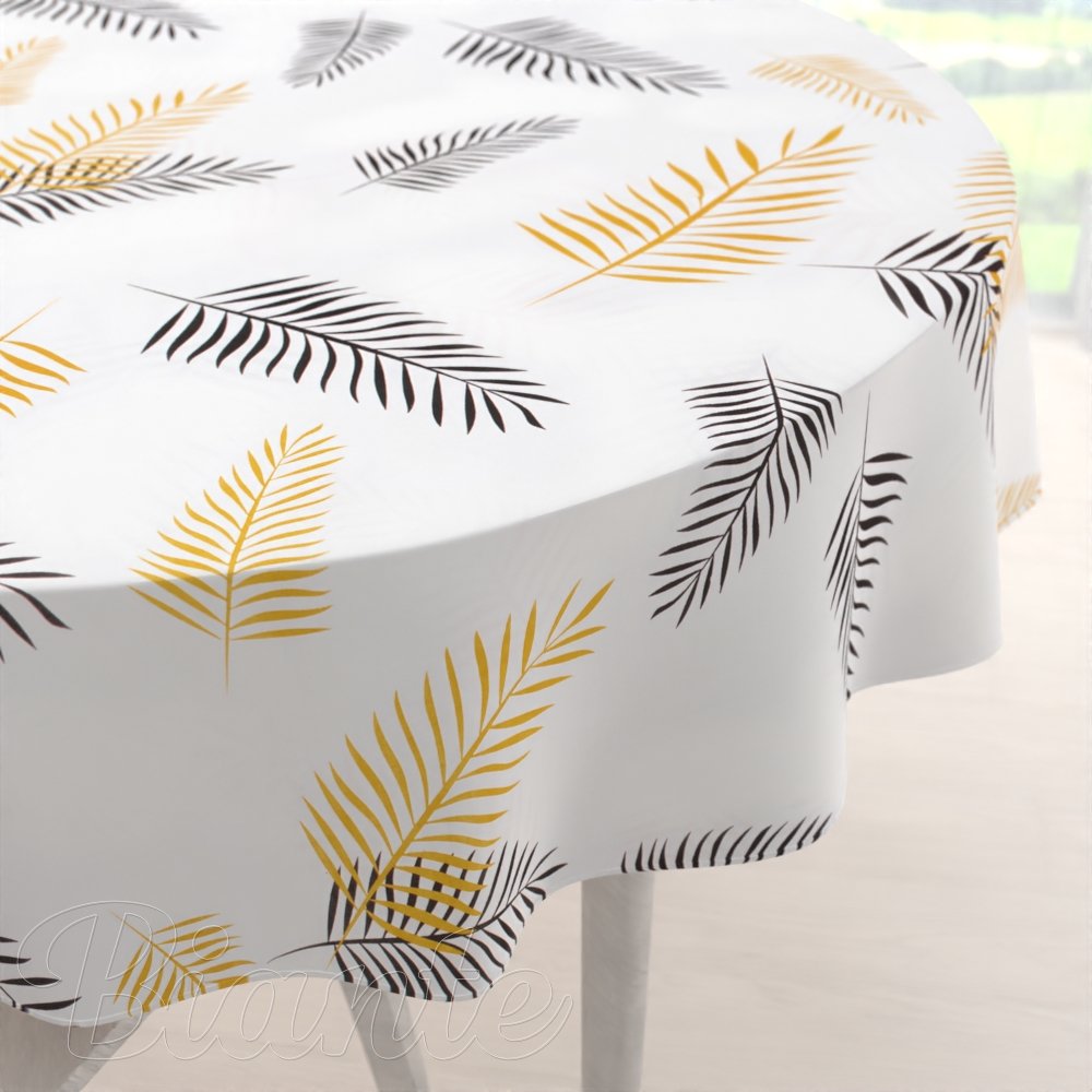 Bavlnený okrúhly obrus Sandra SA-219 Zlaté a čierne palmové listy na bielom - Biante.sk