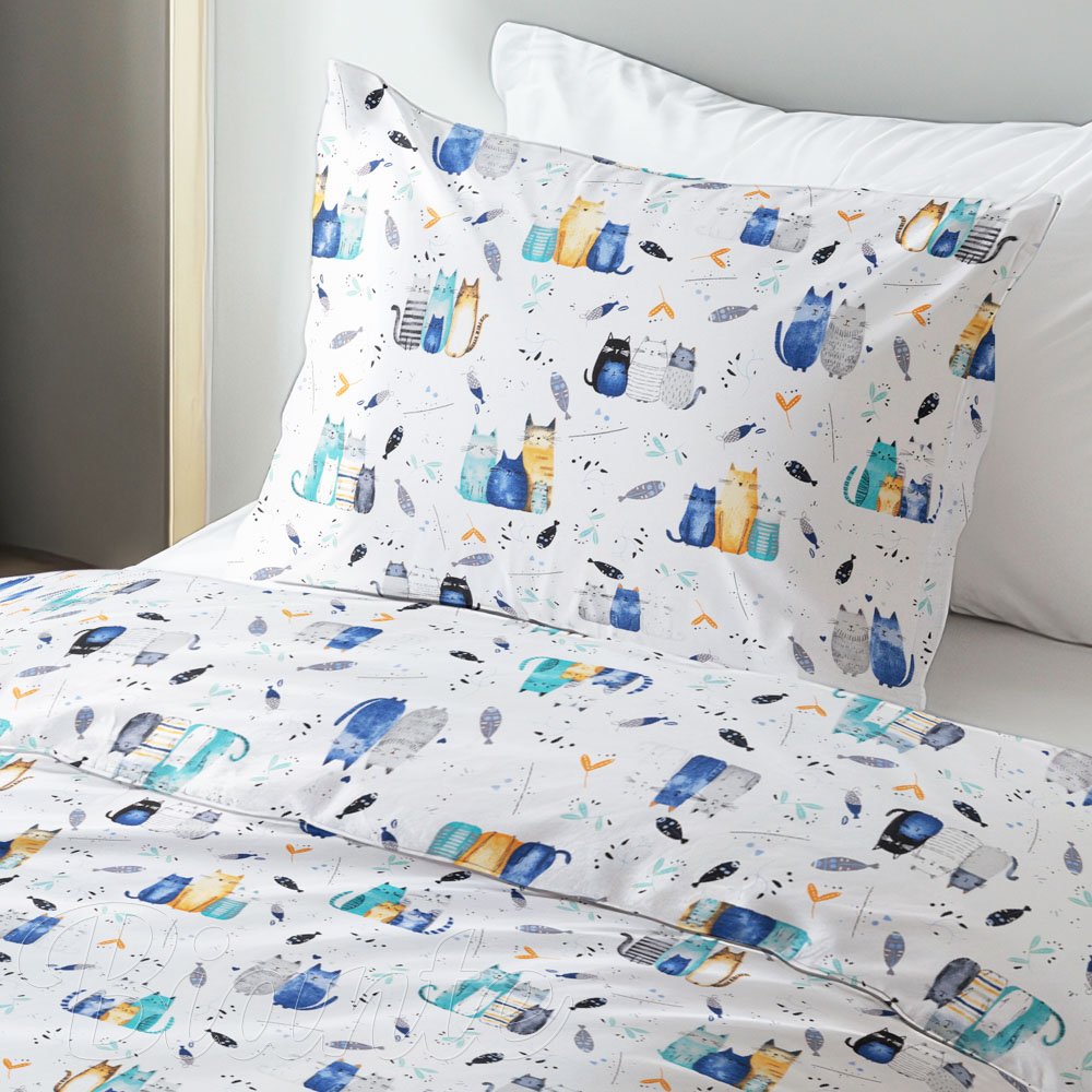 Dětské bavlněné ložní povlečení Sandra SA-653 Kočičí svět modrý na bílém - detail 1 - Biante.cz