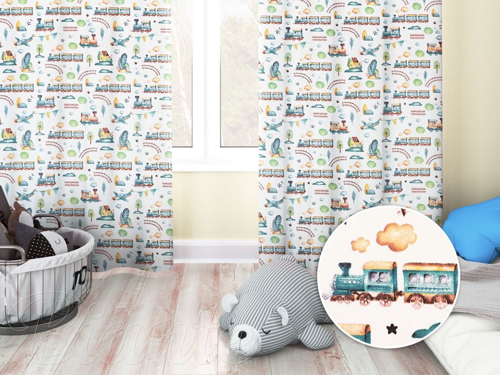 Dětský bavlněný závěs na míru Sandra SA-659 Modrozelené vláčky s letadýlky na bílém - Biante.cz