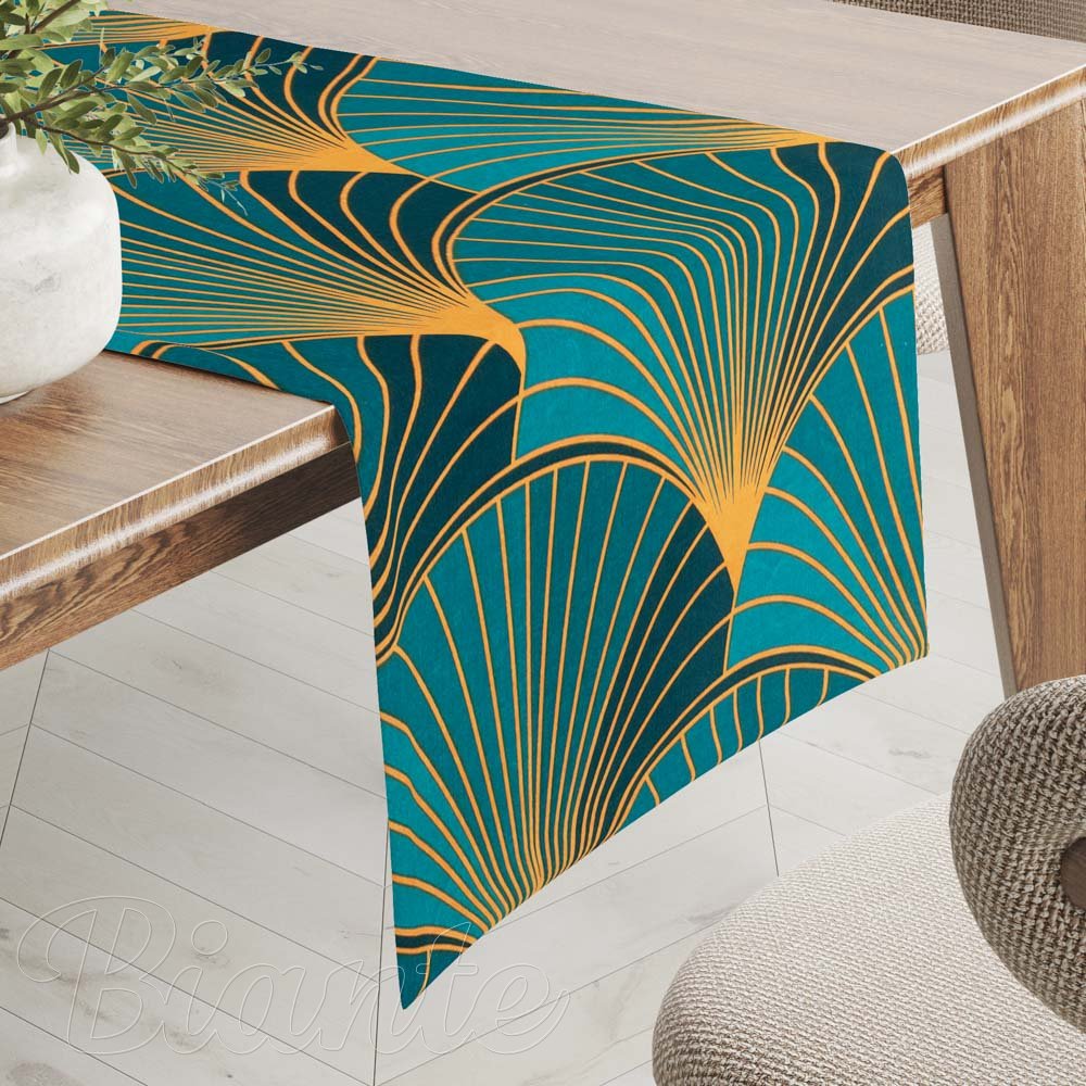 Bavlněný běhoun na stůl Sandra SA-575 Oranžové vějíře na zeleno-tyrkysovém - Biante.cz