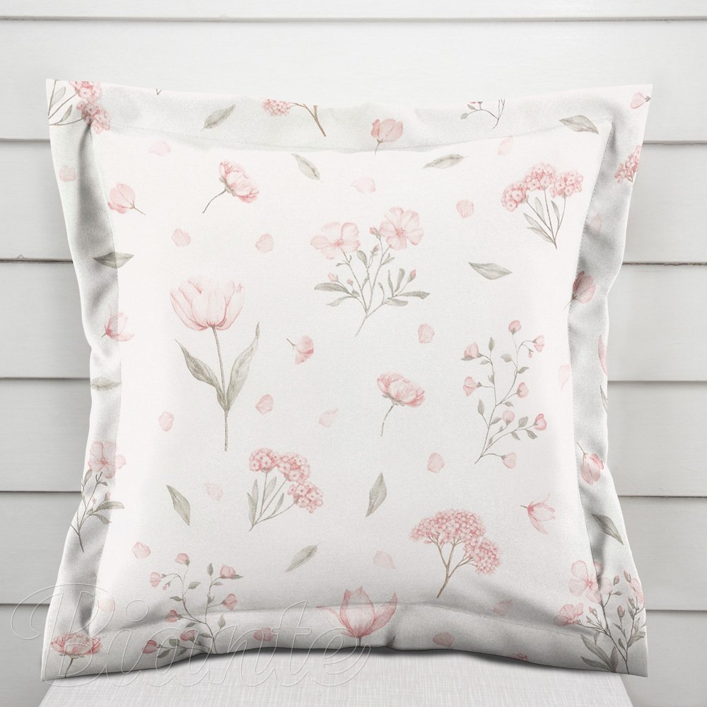 Bavlněný povlak na polštář s lemem Sandra SA-741 Růžové jarní květy na bílém - Biante.cz