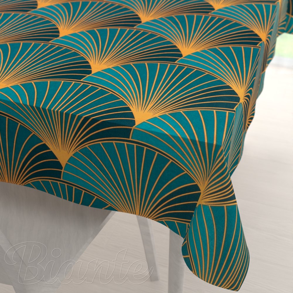 Bavlněný obdélníkový ubrus Sandra SA-575 Oranžové vějíře na zeleno-tyrkysovém - Biante.cz