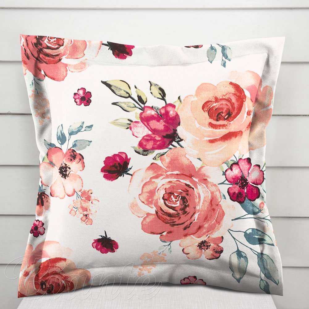 Bavlněný povlak na polštář s lemem Sandra SA-669 Červeno-růžové akvarelové květy - Biante.cz