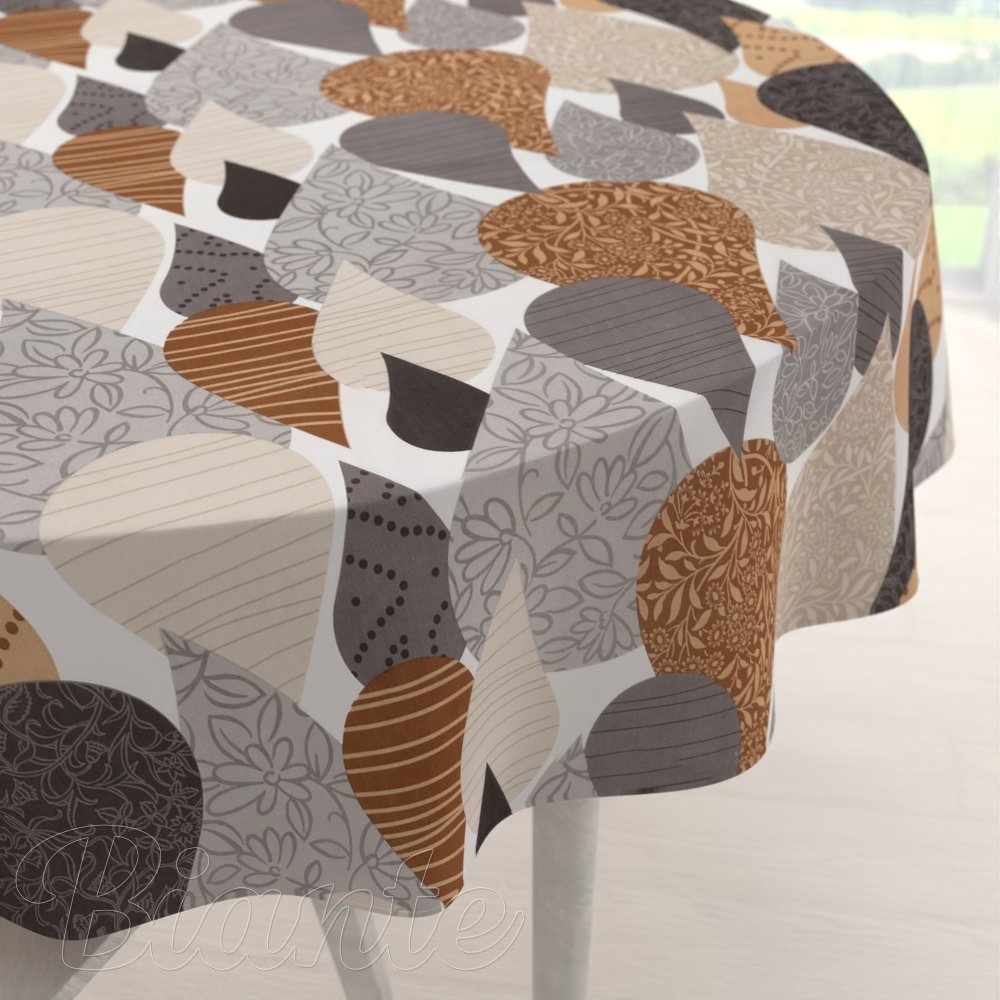 Bavlněný kulatý ubrus Sandra SA-507 Hnědo-šedé kapky s ornamenty - Biante.cz