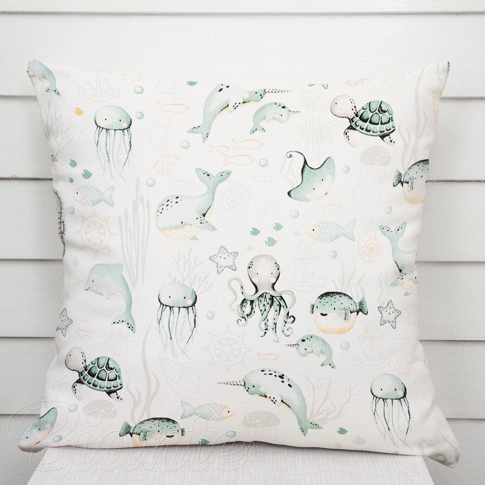 Dětský bavlněný povlak na polštář Sandra SA-688 Mořský svět zelený na bílém - Biante.cz