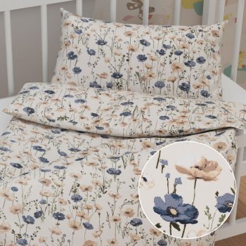 Dětské bavlněné povlečení do postýlky Sandra SA-630 Modro-hnědé vlčí máky na světle vanilkovém - Biante.cz