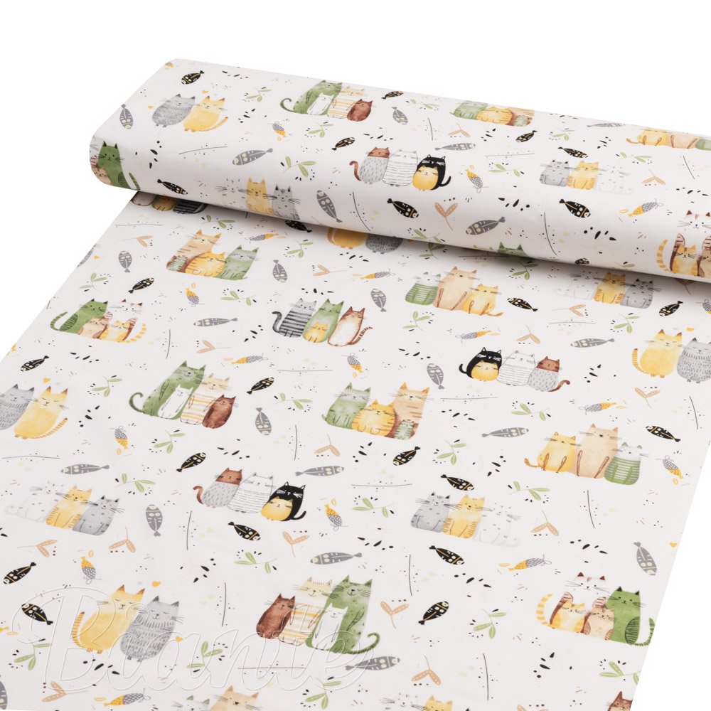 Dětská bavlněná látka/plátno Sandra SA-652 Kočičí svět zeleno-žlutý na bílém - šířka 160 cm - detail 1 - Biante.cz