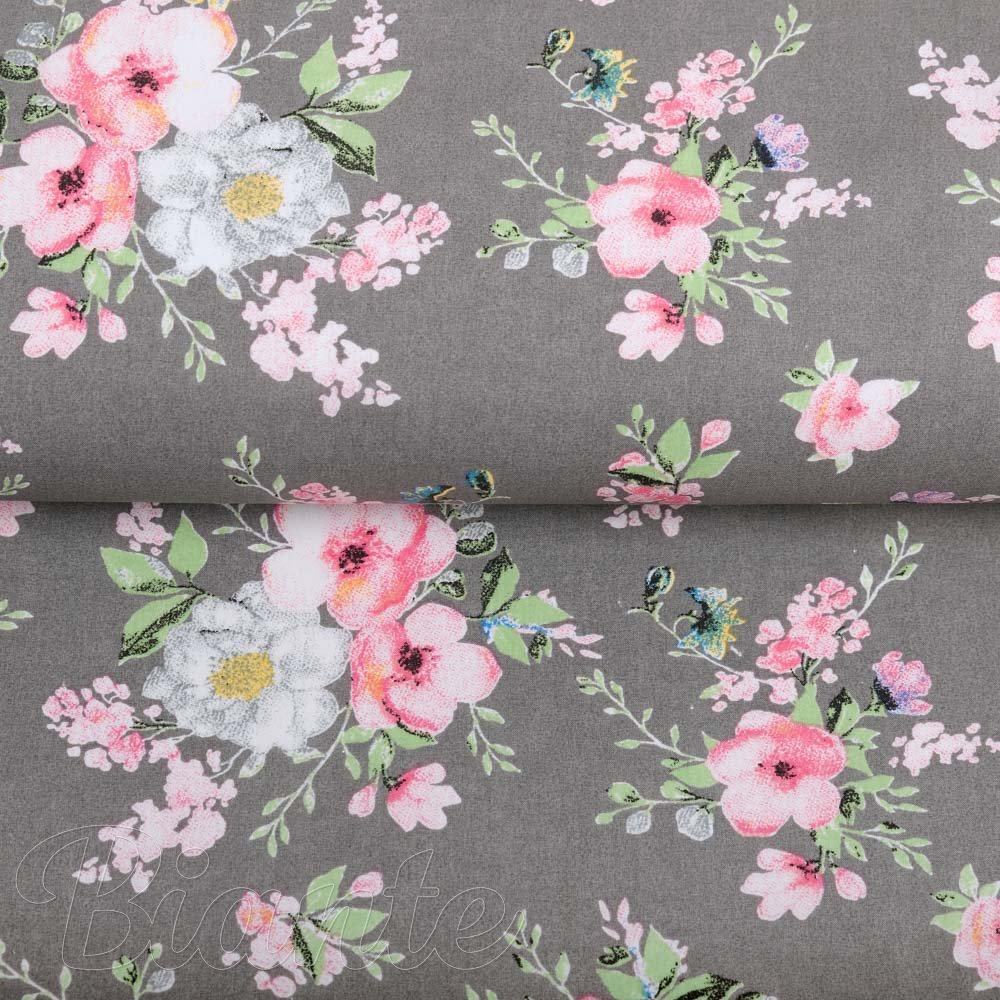 Bavlněná látka/plátno Sandra SA-553 Růžové květiny na šedém - šířka 160 cm - detail 2 - Biante.cz