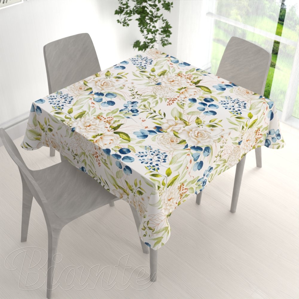 Bavlněný čtvercový ubrus Sandra SA-668 Květy a modro-zelené listy na bílém - detail 1 - Biante.cz