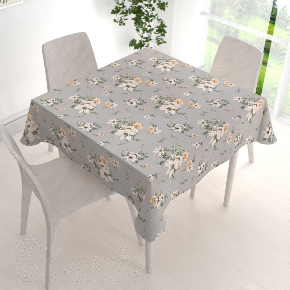 Bavlněný čtvercový ubrus Sandra SA-465 Oranžové květy na šedém - detail 1 - Biante.cz