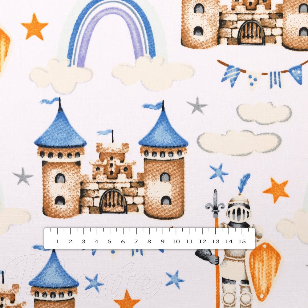 Dětská bavlněná látka/plátno Sandra SA-666 Modro-hnědé hrady a rytíři na bílém - šířka 160 cm - detail 2 - Biante.cz