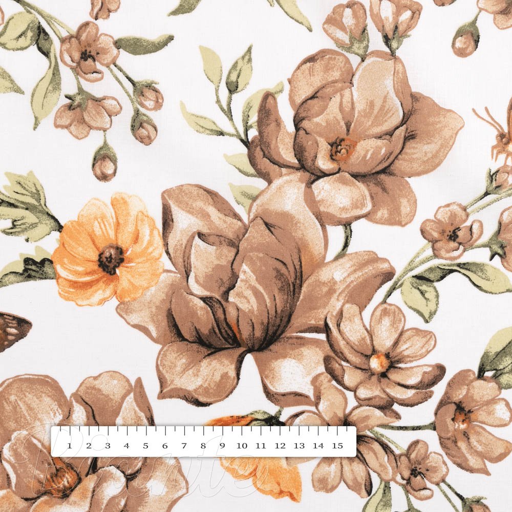Bavlněná látka/plátno Sandra SA-458 Hnědé květy magnolie s motýlky na bílém - šířka 160 cm - detail 3 - Biante.cz