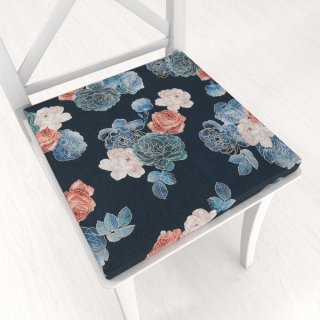 Teflonový čtvercový podsedák TF-060 Modré a červené růže na tmavě modrém - 38x38x3 cm - Biante.cz