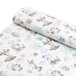 Dětská bavlněná látka/plátno Sandra SA-478 Lesní zvířátka v borůvčí na bílém - šířka 160 cm - detail 1 - Biante.cz