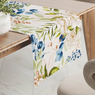 Bavlněný běhoun na stůl Sandra SA-668 Květy a modro-zelené listy na bílém - Biante.cz Bavlněný běhoun na stůl Sandra SA-668 Květy a modro-zelené listy na bílém - Biante.cz