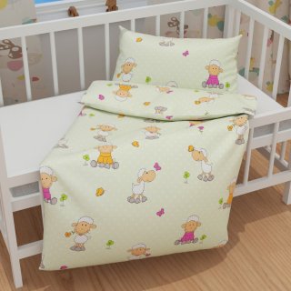 Dětské bavlněné povlečení do postýlky Sandra SA-729 Veselé ovečky na světle zeleném puntíkovaném - detail 1 - Biante.cz