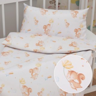 Detské bavlnené posteľné obliečky do postieľky Sandra SA-643 Veveričky s kvietkami na bielom - Biante.sk