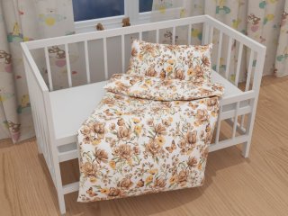 Dětské bavlněné povlečení do postýlky Sandra SA-458 Hnědé květy magnolie s motýlky na bílém - detail 1 - Biante.cz Dětské bavlněné povlečení do postýlky Sandra SA-458 Hnědé květy magnolie s motýlky na bílém - detail 1 - Biante.cz