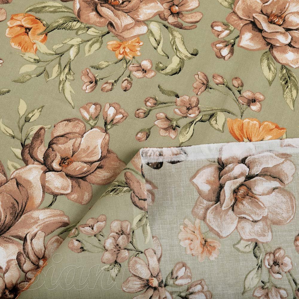 Bavlněná látka/plátno Sandra SA-472 Hnědé květy magnolie na zeleném - šířka 160 cm - detail 4 - Biante.cz