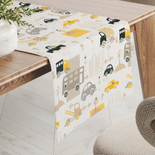Dětský bavlněný běhoun na stůl Sandra SA-672 Žlutá a šedohnědá auta ve městě na bílém - Biante.cz