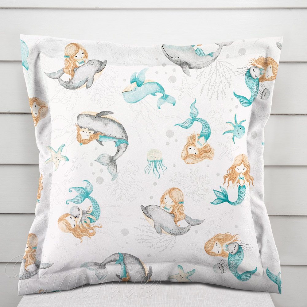 Dětský bavlněný povlak na polštář s lemem Sandra SA-691 Modrozelené mořské panny s delfíny a velrybami na bílém - Biante.cz