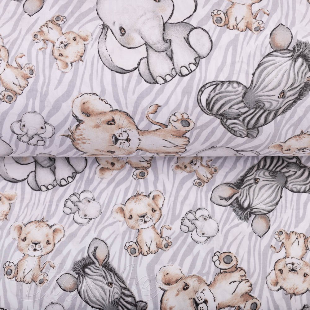 Dětská bavlněná látka/plátno Sandra SA-335 Africká zvířátka na šedém zebrovaném - šířka 160 cm - detail 2 - Biante.cz