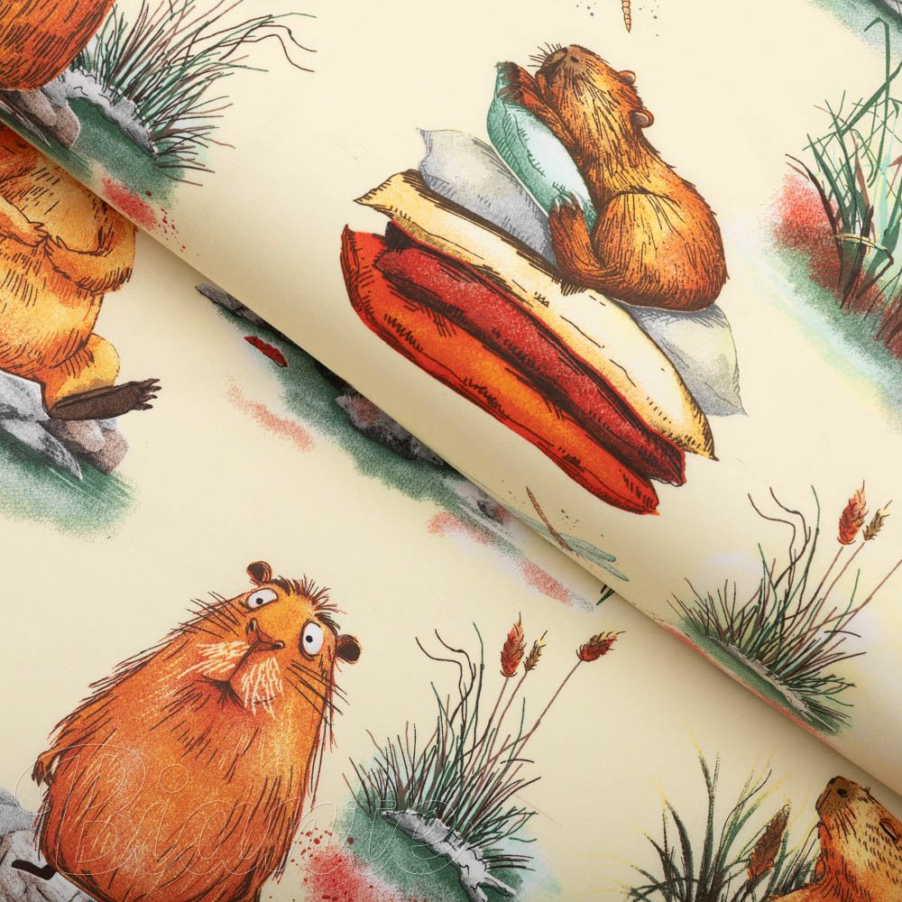 Dětská bavlněná látka/plátno Sandra SA-710 Kapybary na krémovém - šířka 160 cm - Biante.cz