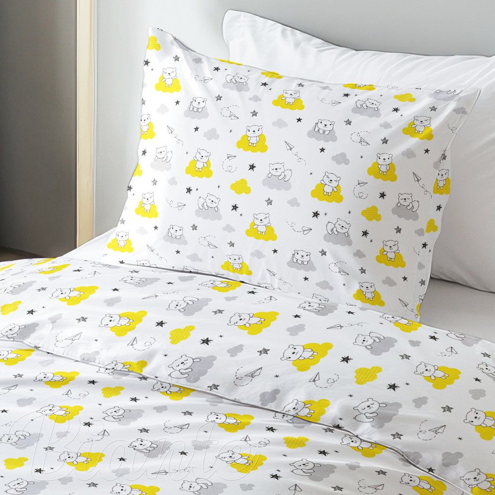 Dětské bavlněné ložní povlečení Sandra SA-725 Medvídci na žluto-šedých mráčcích na bílém - detail 1 - Biante.cz