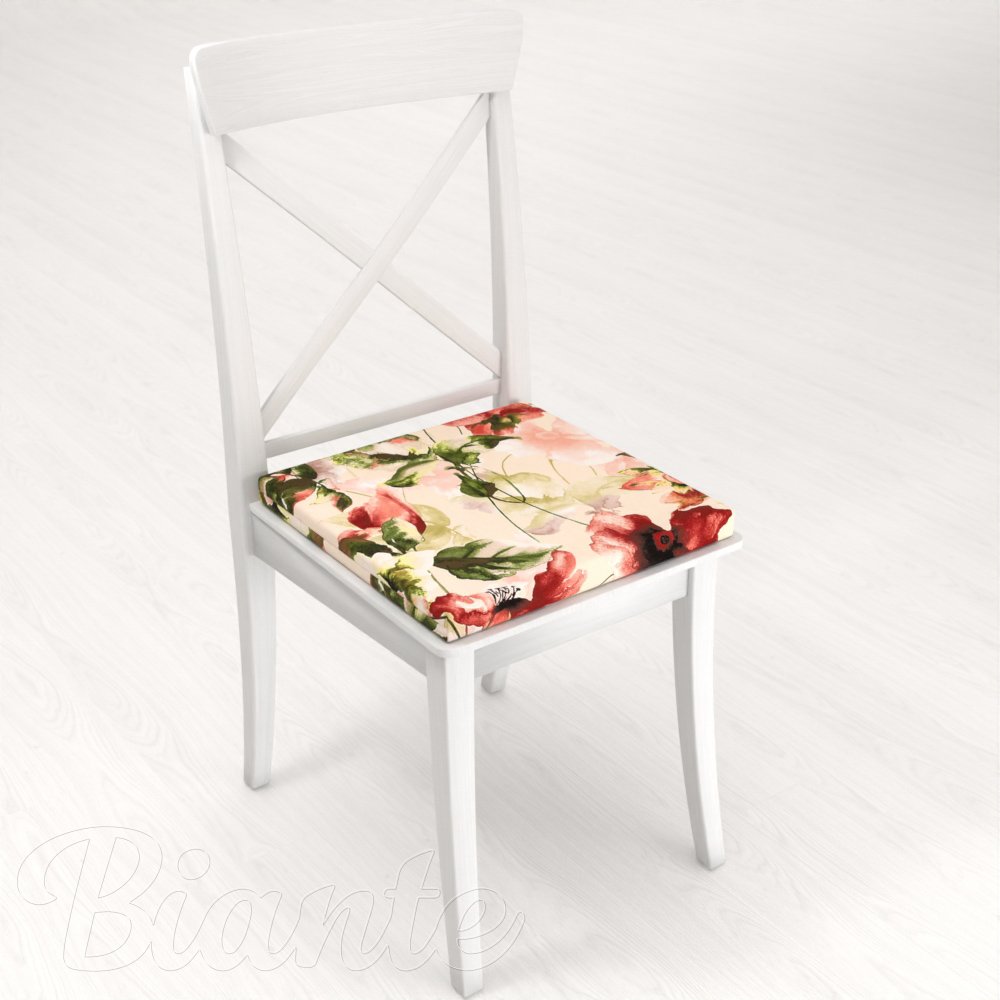 Sametový čtvercový podsedák Tamara TMR-051 Abstraktní červené květiny na žlutobéžovém - 38x38x3 cm - detail 1 - Biante.cz