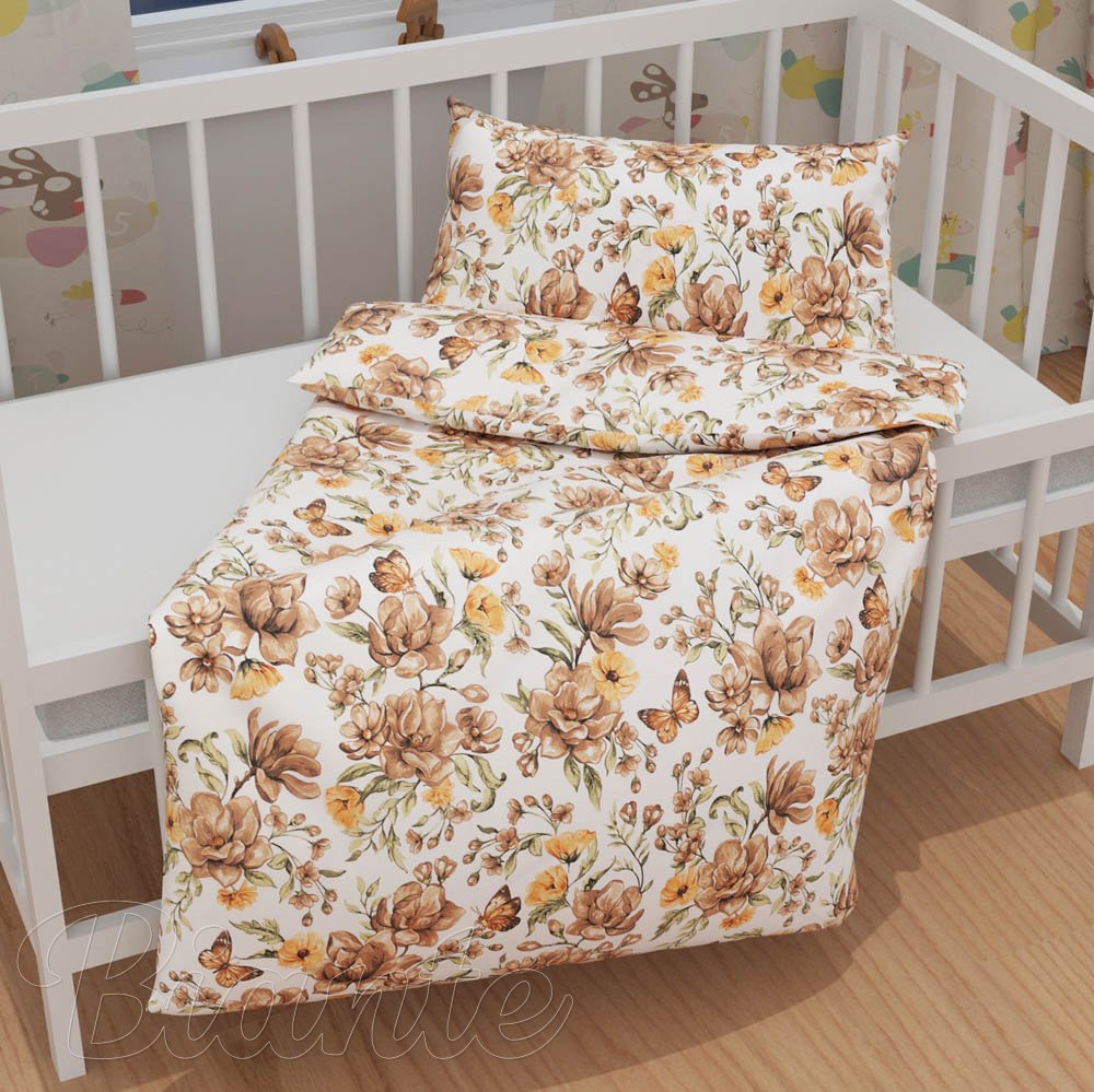 Dětské bavlněné povlečení do postýlky Sandra SA-458 Hnědé květy magnolie s motýlky na bílém - detail 1 - Biante.cz