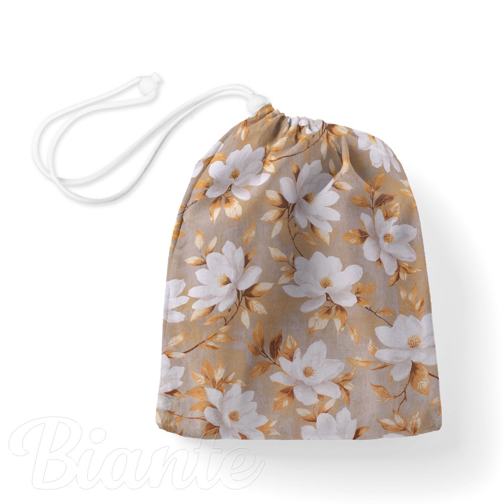 Bavlněný pytlík/sáček na přezůvky Sandra SA-717 Bílé květy magnolie na hnědošedém - Biante.cz