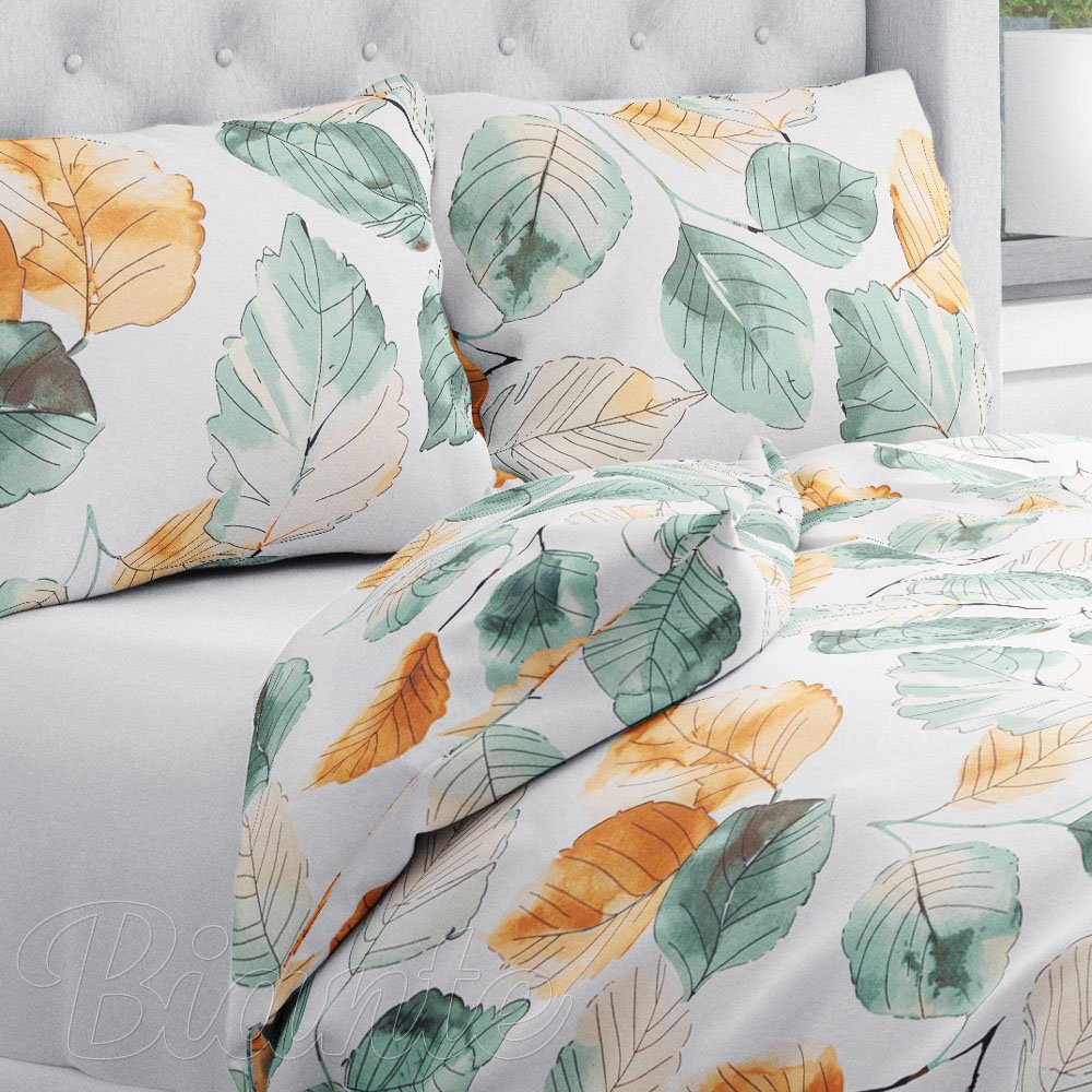 Bavlněné ložní povlečení Sandra SA-748 Hnědo-zelené akvarelové listy na bílém - Biante.cz