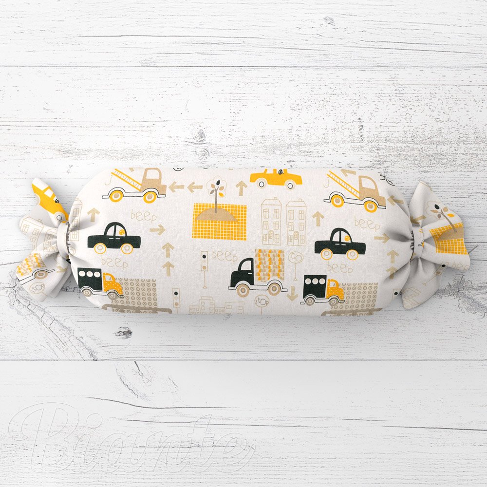 Dětský polštář válec bonbon Sandra SA-672 Žlutá a šedohnědá auta ve městě na bílém - Biante.cz