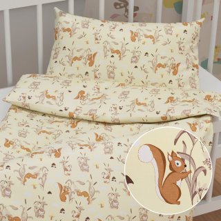 Detské bavlnené posteľné obliečky do postieľky Sandra SA-700 Veveričky a ježkovia na svetlo vanilkovom - Biante.sk