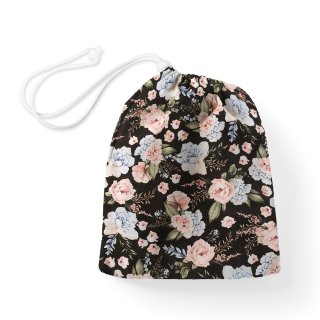Bavlněný pytlík/sáček na přezůvky Sandra SA-449 Modro-růžové květiny na černém - Biante.cz