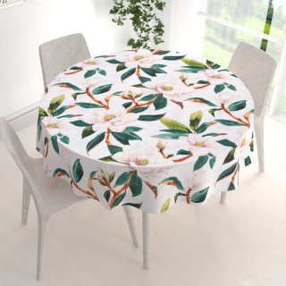 Bavlněný kulatý ubrus Sandra SA-293 Magnolie se zelenými listy na bílém - detail 1 - Biante.cz