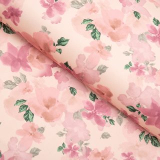 Sametová látka Tamara TMR-039 Růžovo-fialové akvarelové květy na světle lososovém - šířka 140 cm - Biante.cz