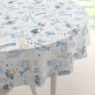 Dětský bavlněný kulatý ubrus Sandra SA-442 Mořský svět modrý na bílém - Biante.cz