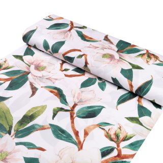 Bavlněná látka/plátno Sandra SA-293 Magnolie se zelenými listy na bílém - šířka 160 cm - detail 1 - Biante.cz