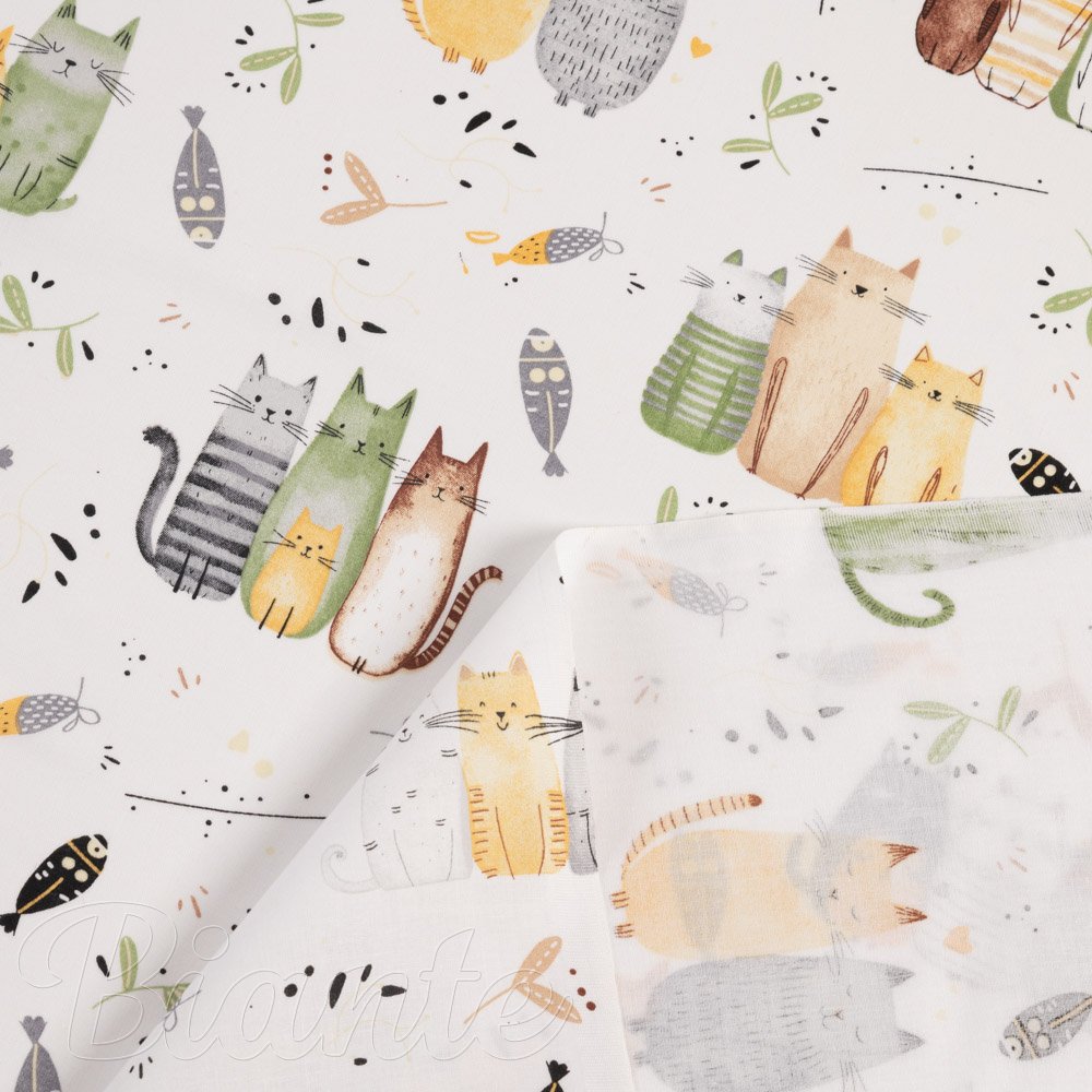 Dětská bavlněná látka/plátno Sandra SA-652 Kočičí svět zeleno-žlutý na bílém - šířka 160 cm - detail 4 - Biante.cz