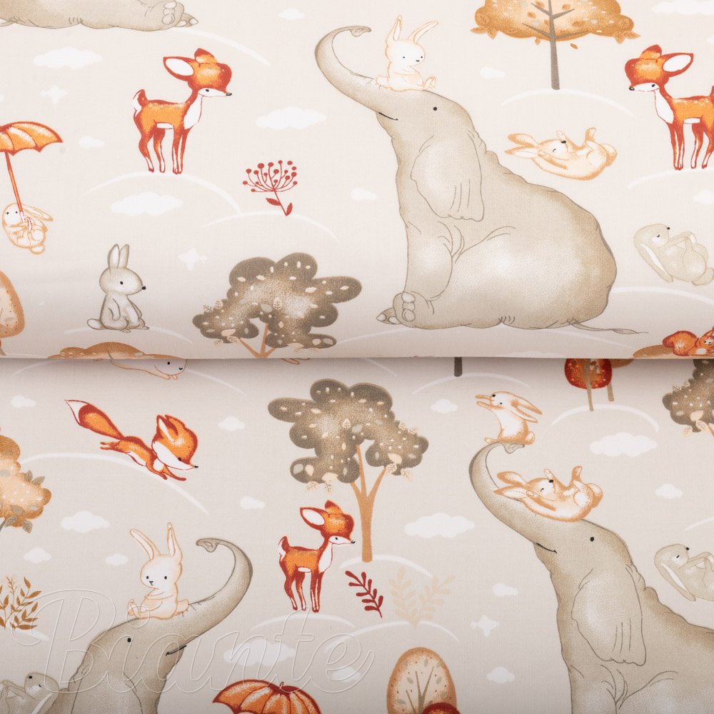 Dětská bavlněná látka/plátno Sandra SA-692 Slon a jeho kamarádi na světle šedobéžovém - šířka 160 cm - detail 2 - Biante.cz