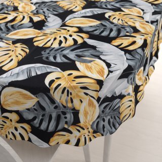 Bavlněný oválný ubrus Sandra SA-228 Šedé a zlaté tropické listy na černém - Biante.cz
