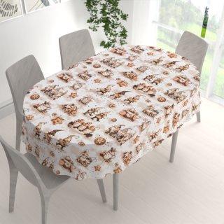 Bavlněný oválný ubrus Sandra SA-663 Hnědí skřítci s perníčky na bílém - detail 1 - Biante.cz Bavlněný oválný ubrus Sandra SA-663 Hnědí skřítci s perníčky na bílém - detail 1 - Biante.cz