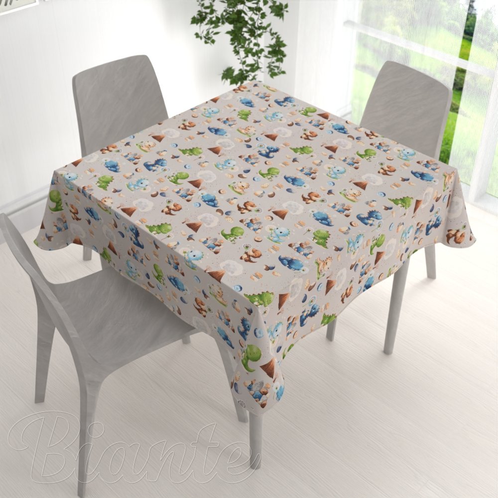 Dětský bavlněný čtvercový ubrus Sandra SA-656 Modro-zeleno-hnědí dinosauříci na světle šedém - detail 1 - Biante.cz