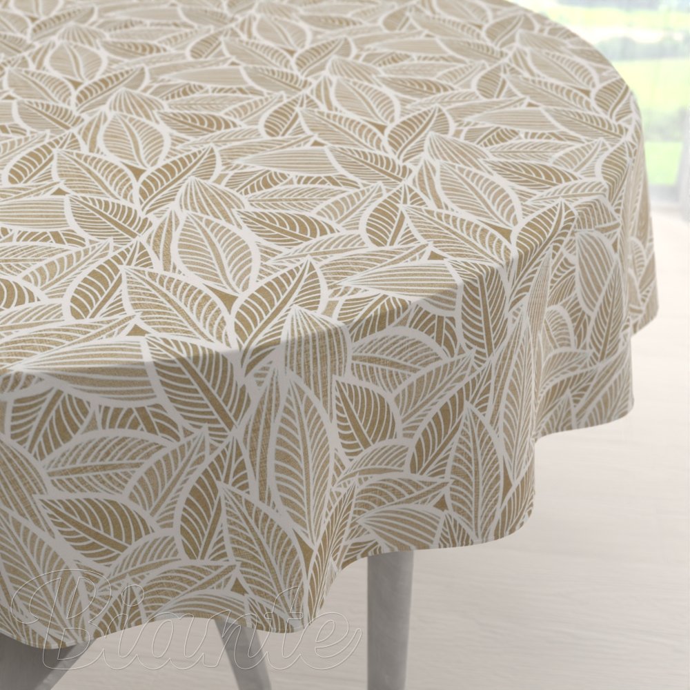 Dekorační kulatý ubrus Leona LN-168 Bílé listy na světle hnědém - Biante.cz