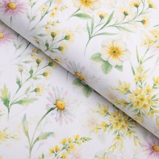 Teflónová látka na obrusy TF-135 Maľované žlto-zelené lúčne kvietky na bielom - šírka 155 cm - Biante.sk