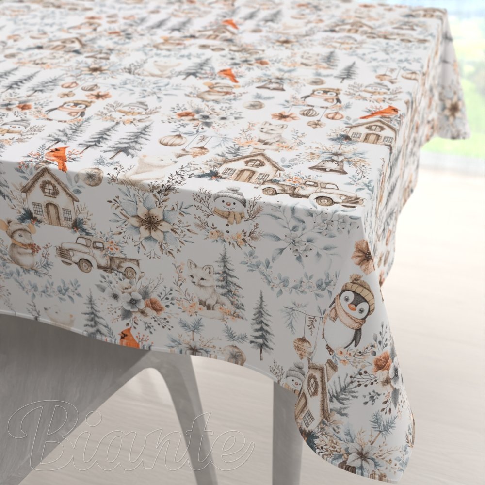 Bavlněný čtvercový ubrus Sandra SA-708 Zimní pohádka modro-šedo-hnědá na bílém - Biante.cz