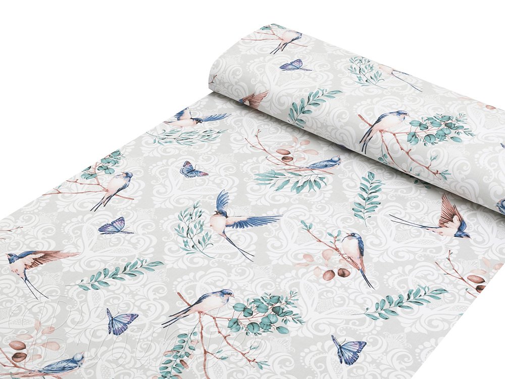 Bavlněná látka/plátno Sandra SA-471 Vlaštovky s motýlky na světle šedém ornamentu - šířka 160 cm - detail 1 - Biante.cz