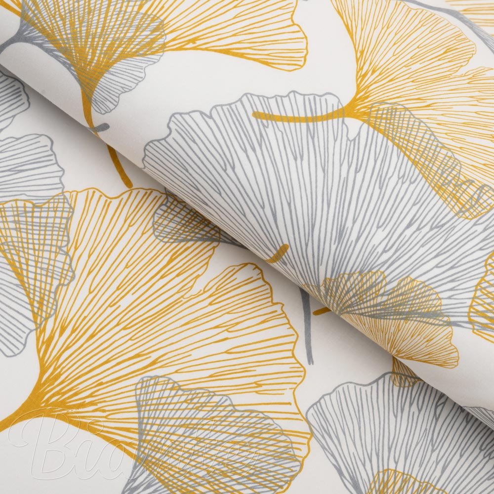 Bavlněná látka/plátno Sandra SA-745 Šedo-hořčicové ginkgo listy na bílém - šířka 160 cm - Biante.cz