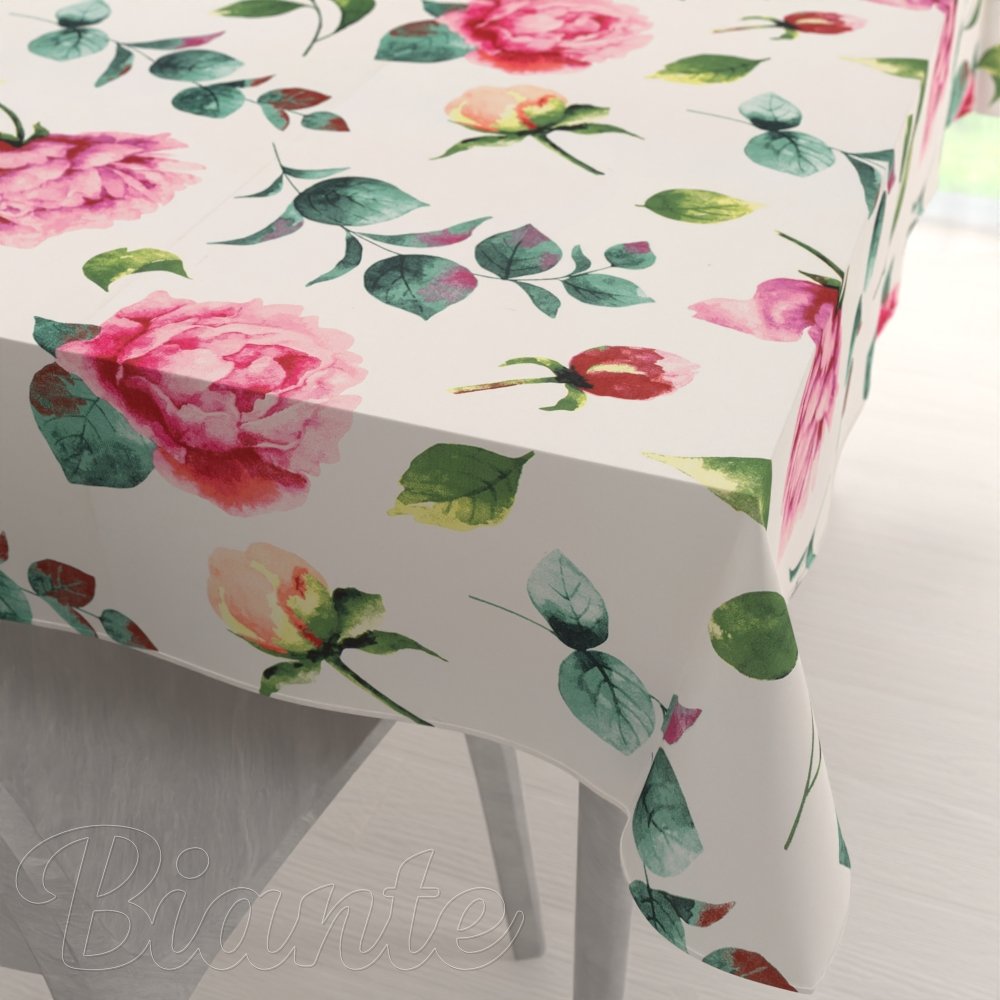 Bavlněný obdélníkový ubrus Sandra SA-715 Velké růžovočervené pivoňky na smetanovém - Biante.cz
